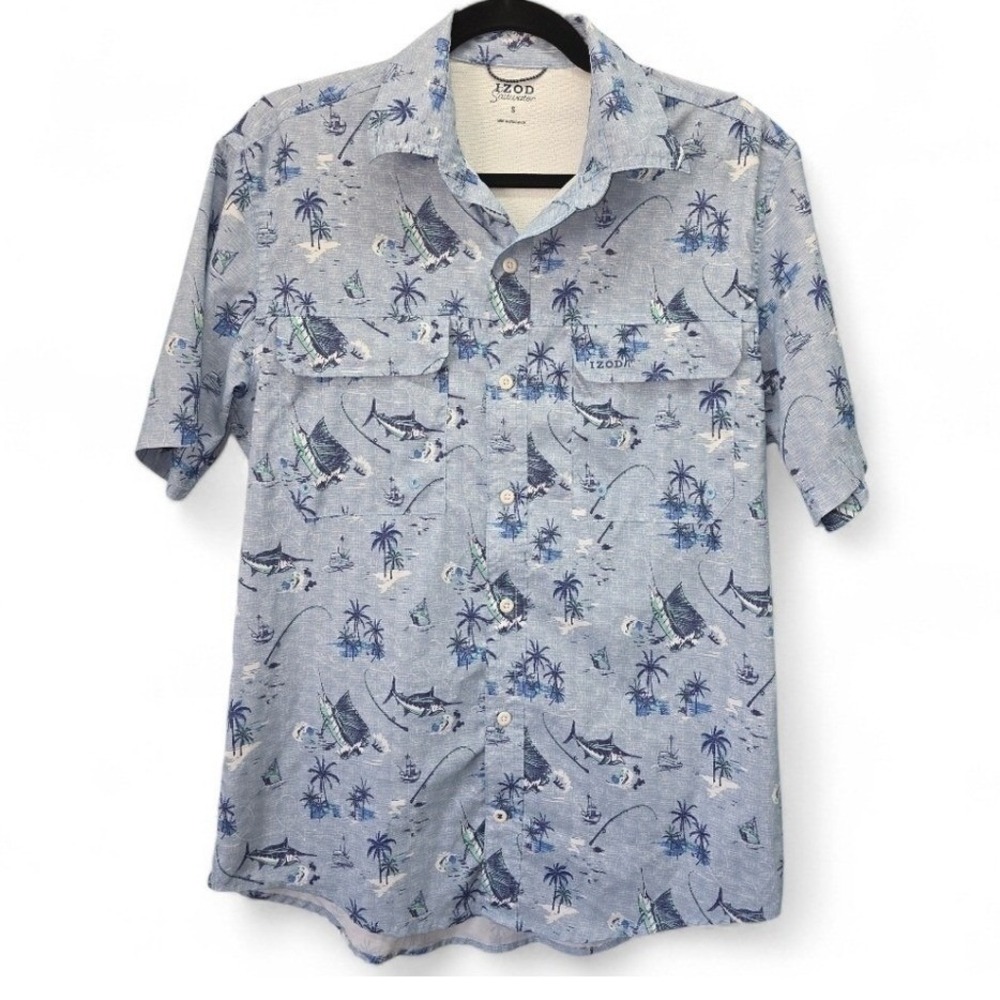 Izod Saltwater Blue Fishing Print Button Down Shirt Men's Small Short Sleeve